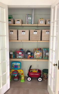 an open closet filled with lots of toys