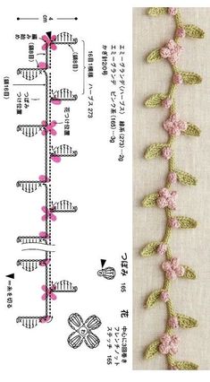 the crochet pattern is shown in pink and green, with flowers on each side