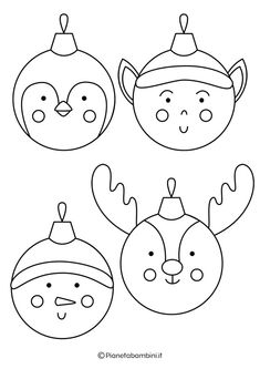 three christmas ornaments with faces drawn in black and white