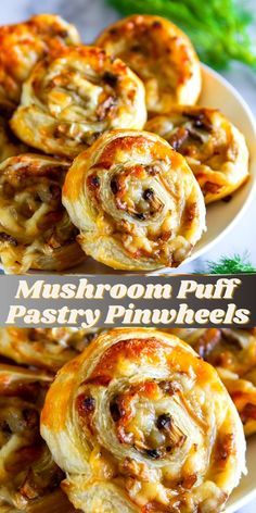 mushroom puff pastry pinwheels on a white plate