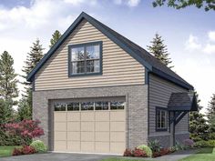 a two car garage with an attached porch