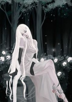 a woman with long white hair sitting on a bench in front of trees and flowers