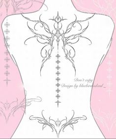 the back of a woman's body with intricate designs on it and pink background