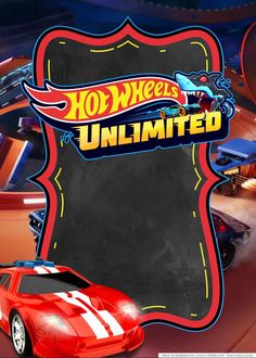 a red toy car is in front of a blackboard with the words hot wheels unlimited on it