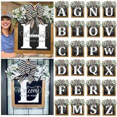 a collage of photos with letters and bows