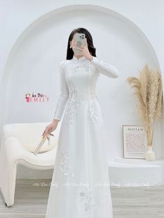 🌻 Stretchy level: 2/10 🌻Material: Lụa vân gỗ 🌻 The measurement of this ao dai (long dress) is in Vietnamese size (American size tends to be bigger for the same size). Please LOOK AT THE SIZE CHART CAREFULLY BEFORE ORDERING. There might have some chalk writings on the fabric due to making process. These marks can be washed away easily. 🌻No returns or exchanges Buyer can contact seller about any issues with an order. 💜 Thank you very much!💜 White Long Sleeve Maxi Dress For Banquet, Fitted White Ao Dai For Ceremonies, White Full Length Spring Dresses, Fitted Floral Embroidered Ao Dai For Wedding, Elegant Ao Dai For Spring Wedding, Fitted Ao Dai With Floral Embroidery For Wedding, Elegant Wedding Ao Dai For Spring, White Full-length Banquet Dress, White Full-length Maxi Dress For Spring