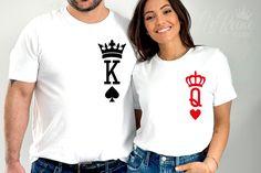 a man and woman wearing matching t - shirts with the letter k in red on them