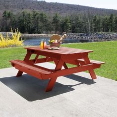 a picnic table with food and drinks on it in front of a lake or forest