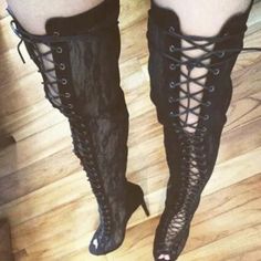 Size 9 Suede Leather Peep Toe Thigh Highs Goth Shoes, Gothic Shoes, Shoes Big, Ankle Strap High Heels, Lace Socks, Party Shoes, Thigh High Boots, Suede Shoes, Thigh High