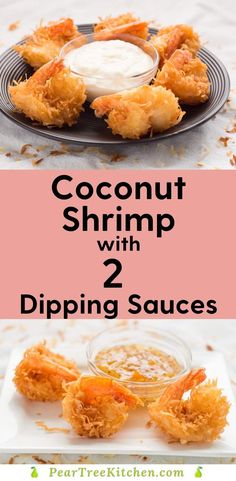 coconut shrimp with dipping sauces on the side and an image of two different pictures