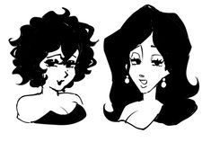 two black and white drawings of women with long hair, one in the process of drawing