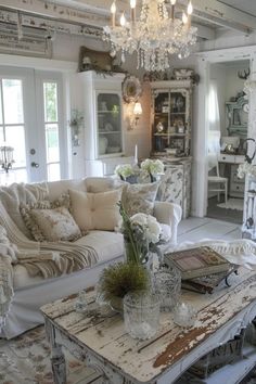 a living room filled with furniture and a chandelier