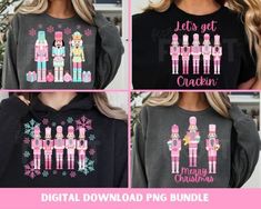 the christmas sweaters are designed to look like girls in pink and green, with snowflakes on them