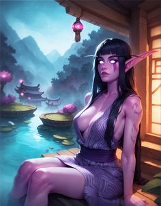 Night elf dressed in yukata Maiev Shadowsong, Elf Ranger, Elf Dress, Fantasy Races, Art Poses