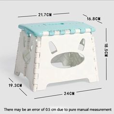 a white and blue step stool with measurements