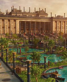 an artist's rendering of a palace with many pools and palm trees