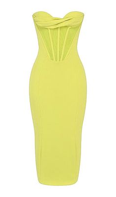 Fitted Bandage Strapless Dress For Summer, Stretch Strapless Bandage Dress, Summer Bodycon Bandage Corset Dress, Yellow Stretch Evening Dress, Yellow Fitted Backless Dress, Bandage Dress With Fitted Bodice For Party, Fitted Yellow Backless Dress, Strapless Bodycon Bandage Dress, Party Bandage Sheath Dresses