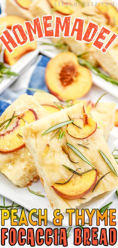 homemade peach and thyme focaccia bread on a plate with rosemary sprigs