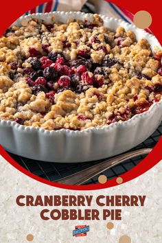 a cranberry cherry cobbler pie on a cooling rack with text overlay