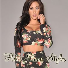 New Top Only- Hot Miami Styles Crop Top. Black With Floral Print. Long Sleeves. Size Small. Fitted Floral Print Crop Top For Night Out, Floral Print Stretch Cropped Top, Black Floral Print Crop Top For Party, Trendy Black Floral Print Crop Top, Fitted Pink Floral Print Crop Top, Fitted Black Floral Print Crop Top, Fitted Multicolor Floral Print Crop Top, Multicolor Floral Print Crop Top, Fitted Floral Print Crop Top By Forever 21