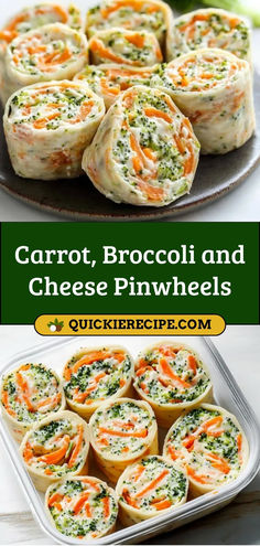 carrot, broccoli and cheese pinwheels on a platter with text overlay