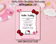 a hello kitty birthday party with pink and red decorations on the table next to it