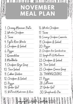 the november meal plan is shown in gray and white with silver glitters on it