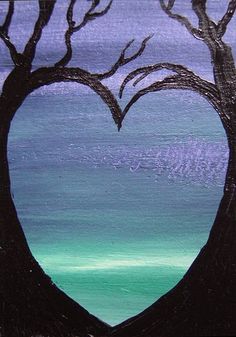 a painting of two trees in the shape of a heart on a purple and blue background