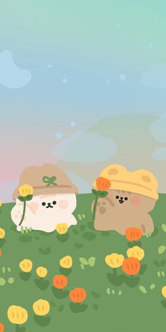 two cartoon bears are in the grass with oranges and flowers around them, one has a hat on it's head