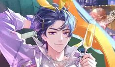 an anime character holding a wine glass in his hand