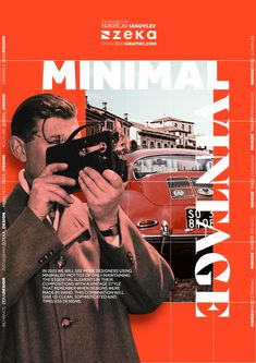 a man holding a camera up to his face in front of an orange background with the words minimal photography on it