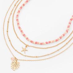 Pink Bead Gold Starfish & Monstera Palm Leaf Multi Strand Choker Necklace | Claire's US Preppy Necklaces, Preppy Accessories, Surf Jewelry, Beachy Jewelry, Preppy Jewelry, Jewelry Accessories Ideas, Fashionable Jewelry, Jewelry Essentials, Summer Necklace