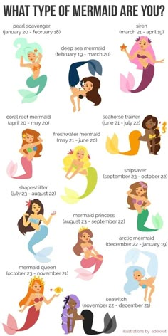 the different types of mermaids are shown in this graphic