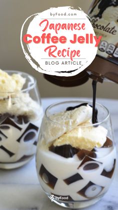 japanese coffee jelly recipe in glasses with vanilla ice cream and whipped cream on the top