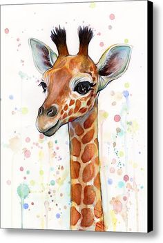 a painting of a giraffe's head on a white background with watercolor spots