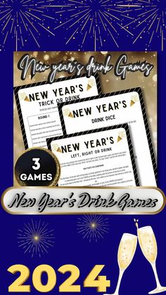 new year's eve party flyer with two champagne glasses and fireworks in the background