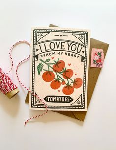 i love you from my head tomato greeting card with twine and spools