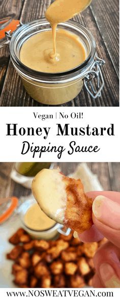 honey mustard dipping sauce in a glass jar with a spoon scooping it into the dip