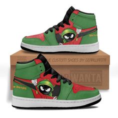 Marvin the Martian Kid Sneakers CustomAll of our Kid JD Sneakers styles are custom-made-to-order and handcrafted to the highest quality standards. High-quality rubber sole for traction and exceptional durability. Lace-up closure for a snug fit. Material: Microfibre leather: chemical & abrasion resistance, anti-crease, aging resistance Eco-friendly and 100% Vegan Leather. Please allow 7-10 business days to receive a tracking number while your order is hand-crafted, packaged and shipped from our f Streetwear Slip-on Jordan Shoes With Rubber Sole, Jordan Leather Shoes With Rubber Sole And Round Toe, Leather Jordan Shoes With Rubber Sole And Round Toe, Leather Jordan Shoes With Rubber Sole, Slip-on Jordan Shoes With Rubber Sole For Streetwear, Green High-top Jordan Shoes With Rubber Sole, Green Lace-up High-top Sneakers With Rubber Heel Cap, Custom Sneakers With Studded Outsoles For Streetwear, Streetwear Custom Sneakers With Studded Rubber Outsoles