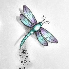 a drawing of a dragonfly flying through the air with stars around it's wings