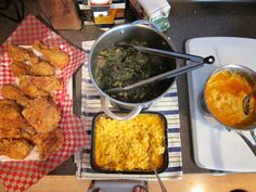 various foods are being prepared on the table