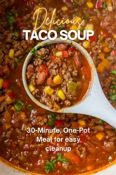 This hearty Taco Soup recipe bursts with crave-worthy Mexican flavors, and then it comes together in just 30 minutes. After only 10 minutes of prep work, it’s easy to serve up a warm bowl of this soup loaded with ground beef, tomatoes, corn, beans, and a quick homemade taco seasoning. Taco Soup With Potatoes, Taco Beef Soup Recipe, Homemade Taco Soup, Taco Soup With Rotel, Taco Soup Recipe Easy Stove Top, What To Serve With Taco Soup, Mexican Beef Soup Recipes, Beef Taco Soup Recipe Easy, Taco Soup With Ground Turkey