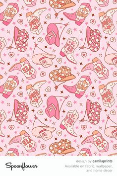 a pink wallpaper with lots of different items in the shape of hearts and stars