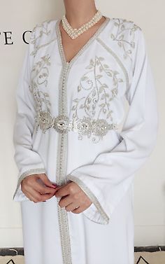 ad eBay - Classy moroccan bridal kaftan Arabic beaded white-Silver caftan Wedding dress - Buy Now, click the link (eBay) Traditional White Hand Embellished Gown, Bohemian Embellished Wedding Gown, Bohemian Wedding Gown Embellished, White Evening Gown For Eid, White Bohemian Dress With Pearl Embroidery, White Embellished Kaftan For Party, White Floor-length Kaftan For Party, Embellished Kaftan For Wedding And Eid, Elegant White Gown For Eid