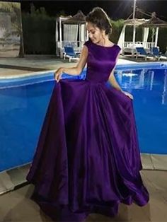 A-Line Bateau Sleeveless Floor-Length With Ruffles Satin Dresses at Hebeos Purple Satin Prom Dress, Formal Dresses Uk, Evening Dress Long, Elegant Ball Gowns, Purple Prom, Backless Evening Dress, Purple Prom Dress, Prom Dresses Modest, Backless Prom Dresses