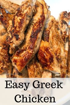 an easy greek chicken recipe on a white plate with text overlay that reads easy greek chicken