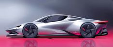 an artistic rendering of a futuristic car on pink and gray background with reflection in the floor