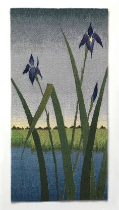 a painting of blue flowers in the grass by water with clouds above it and green reeds to the side