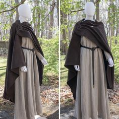 Join the FOTW Realm and get an instant 10% off code! http://eepurl.com/hrobtv Viking Lady - Beautiful classic Medieval woman's outfit, this 3 piece set includes a full length 100% linen dress with keyhole neckline, wool blend wrap style cloak with penannular pin and leather belt with historical buckle & tip.   ~ Size info: Dress: S-M (fits bust sizes up to 40").  L-XL (fits bust sizes up to 46").  The length of this dress is approx. 55 in. If you need this dress to made shorter, please leave us Viking Lady, Mythology Costumes, Viking Hood, Medieval Cloak, Celtic Clothing, Viking Garb, Medieval Garb, Viking Dress, Medieval Woman