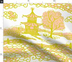 a yellow and pink wallpaper with trees on it